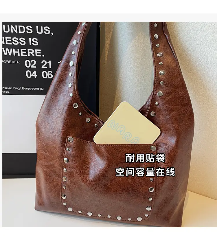 Retro Rivet Shoulder Bag Women Leather Tan 2025 — feature 5