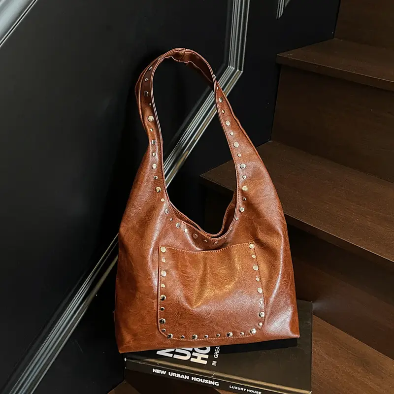 Retro Rivet Shoulder Bag Women Leather Tan 2025 - Image 3