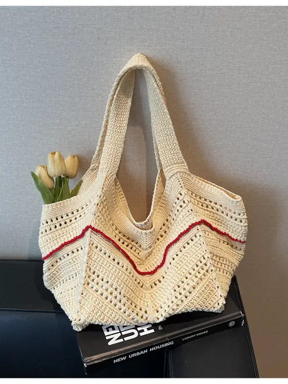 Handwoven Women's Crossbody Bag with Red Trim