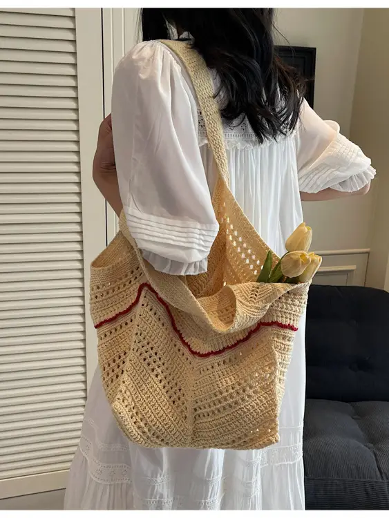 Handwoven Women's Crossbody Bag with Red Trim