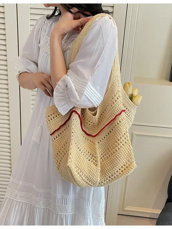 Handwoven Women's Crossbody Bag with Red Trim