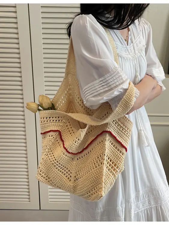 Handwoven Women's Crossbody Bag with Red Trim