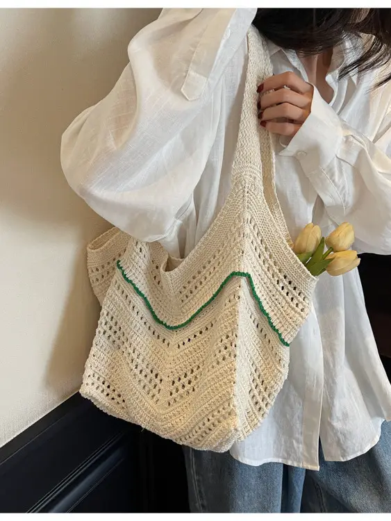 Handwoven Women's Crossbody Bag with Red Trim