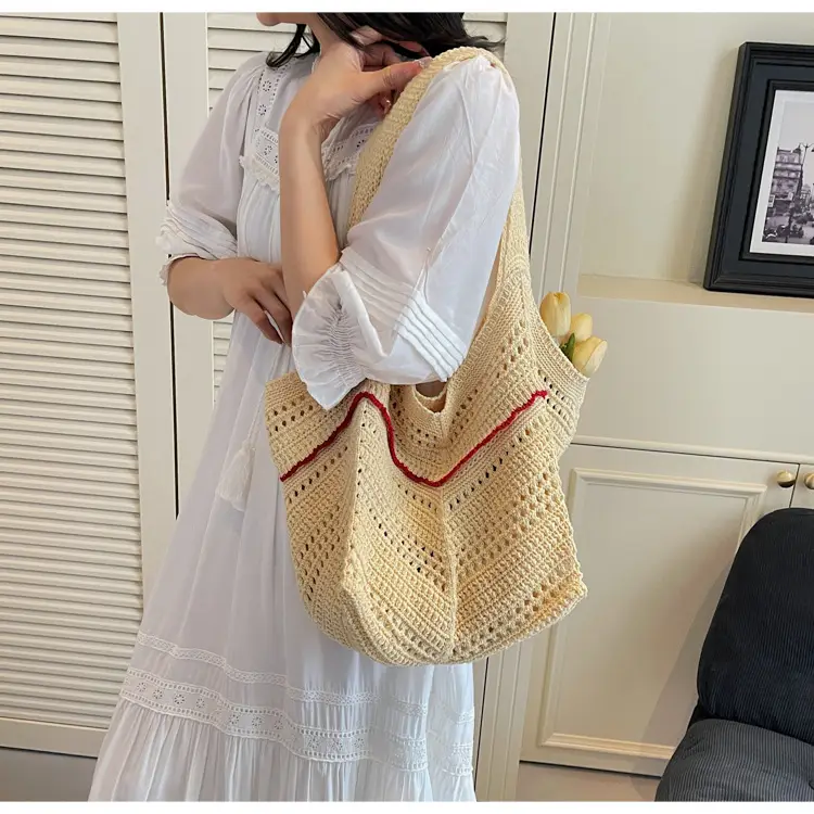 Handwoven Women's Crossbody Bag with Red Trim — feature 22