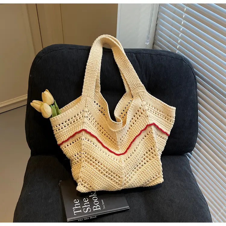 Handwoven Women's Crossbody Bag with Red Trim
