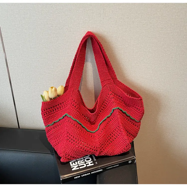 Handwoven Women's Crossbody Bag with Red Trim