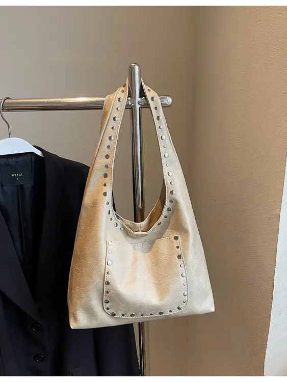 Women's Beige Textured Shoulder Bag Large Capacity Tote - Image 5