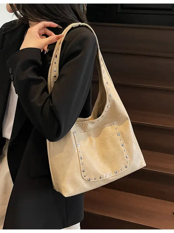 Women's Beige Textured Shoulder Bag Large Capacity Tote - Image 6