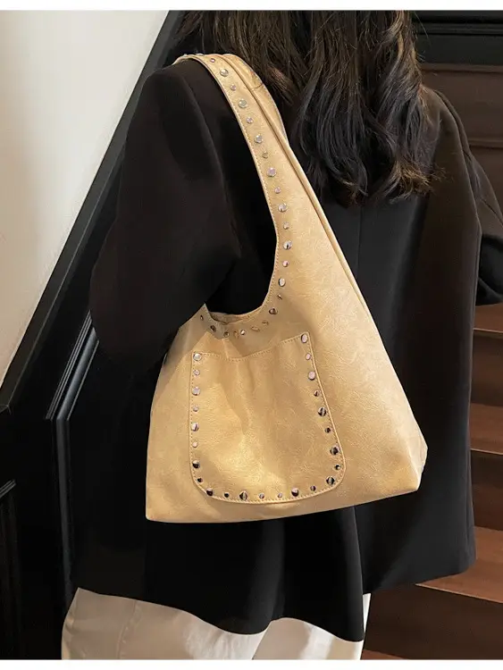 Women's Beige Textured Shoulder Bag Large Capacity Tote - Image 7