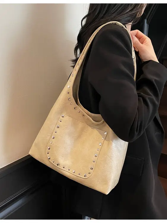 Women's Beige Textured Shoulder Bag Large Capacity Tote - Image 8