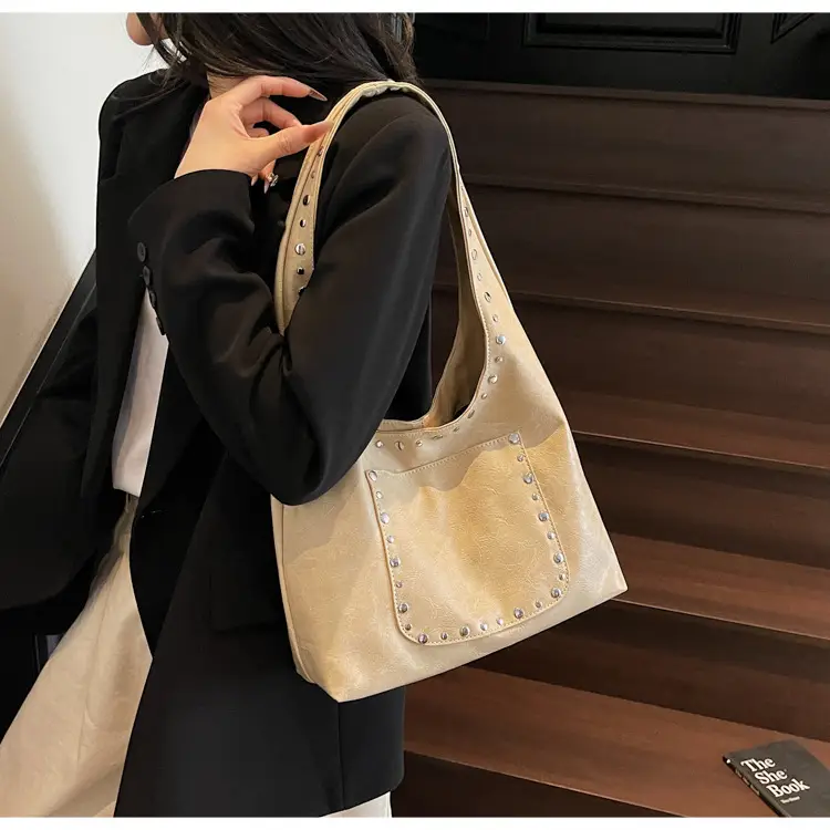 Women's Beige Textured Shoulder Bag Large Capacity Tote — feature 17