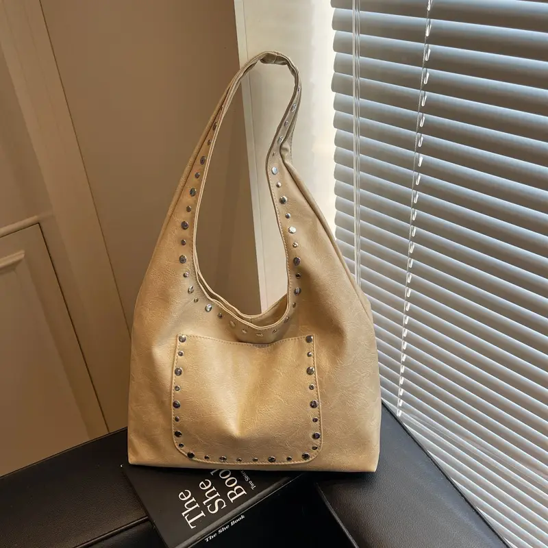 Women's Beige Textured Shoulder Bag Large Capacity Tote - Image 2
