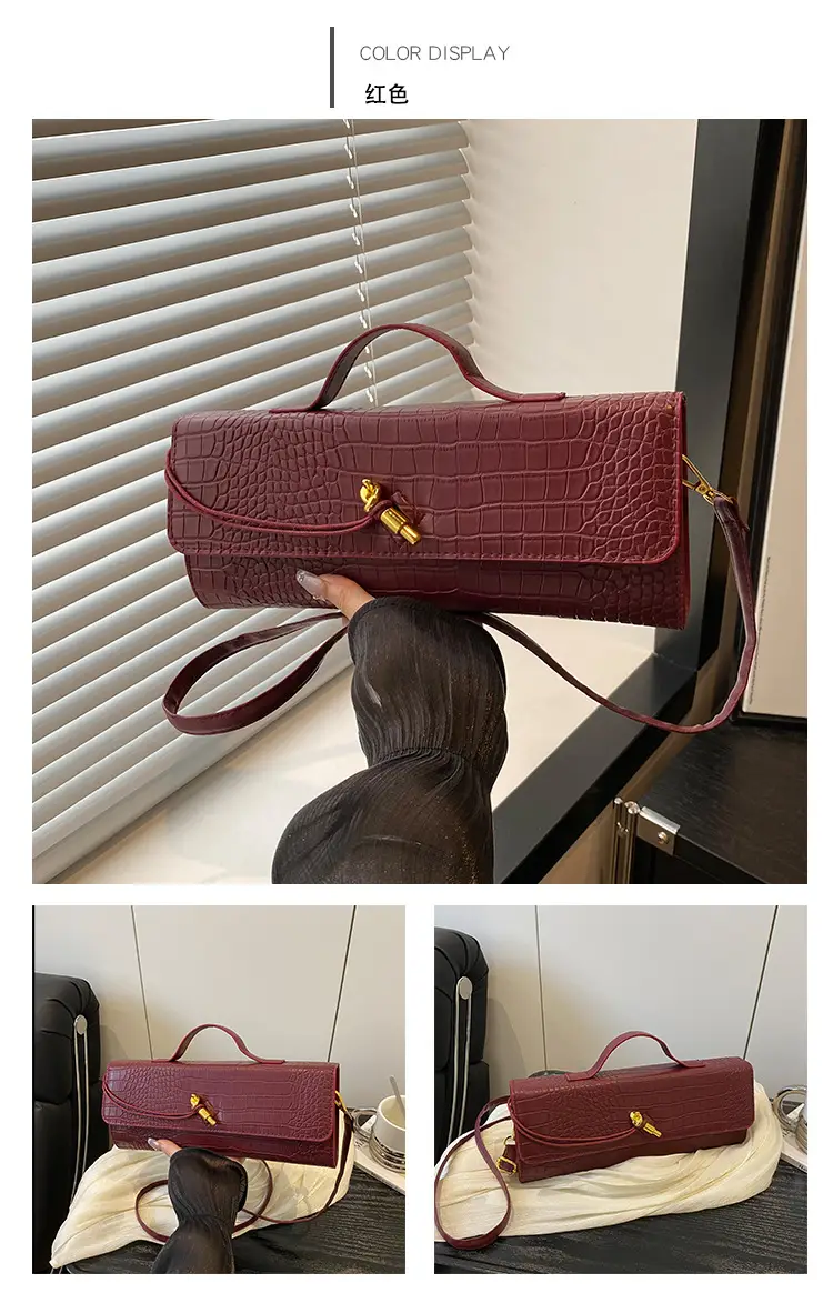 Women's Croc Leather Evening Bag Maroon Diagonal Lock — feature 16