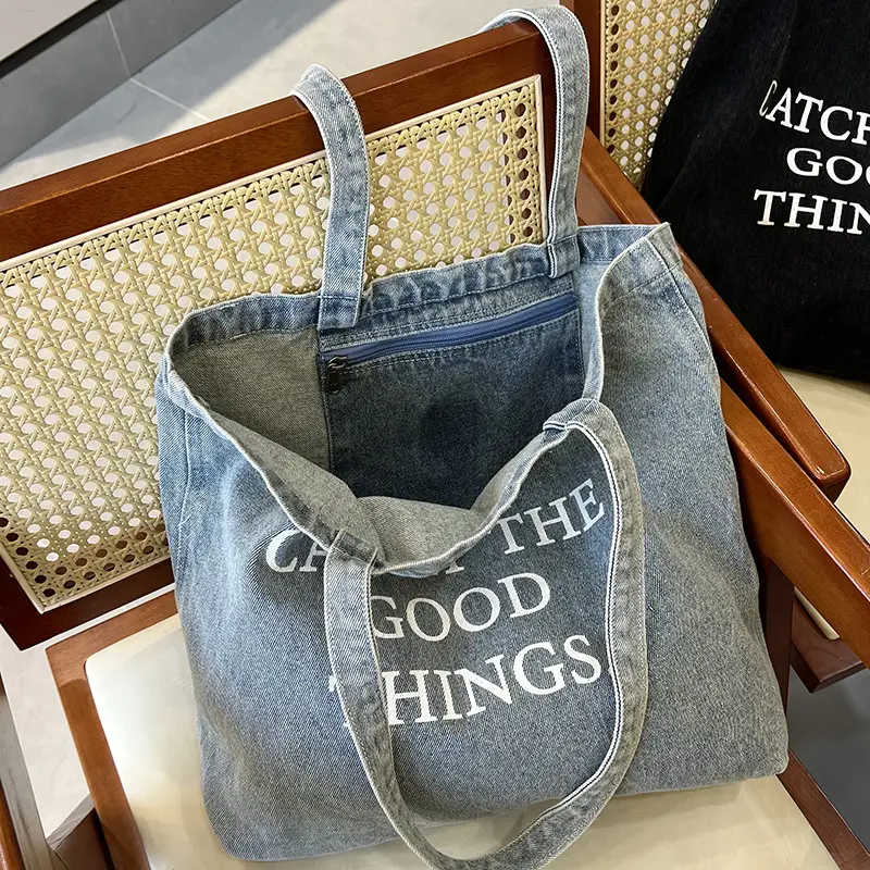 Women Denim Shoulder Bag Catch Good Things Canvas Large - Image 4