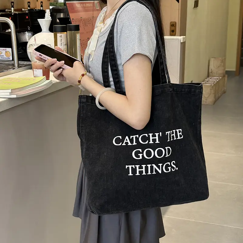 Women Denim Shoulder Bag Catch Good Things Canvas Large - Image 5