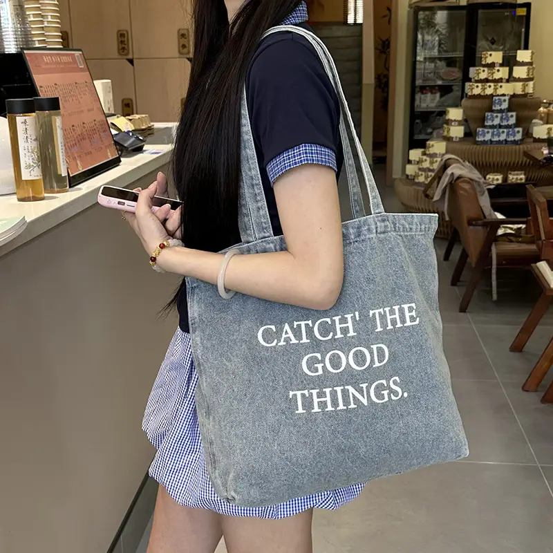 Women Denim Shoulder Bag Catch Good Things Canvas Large - Image 6