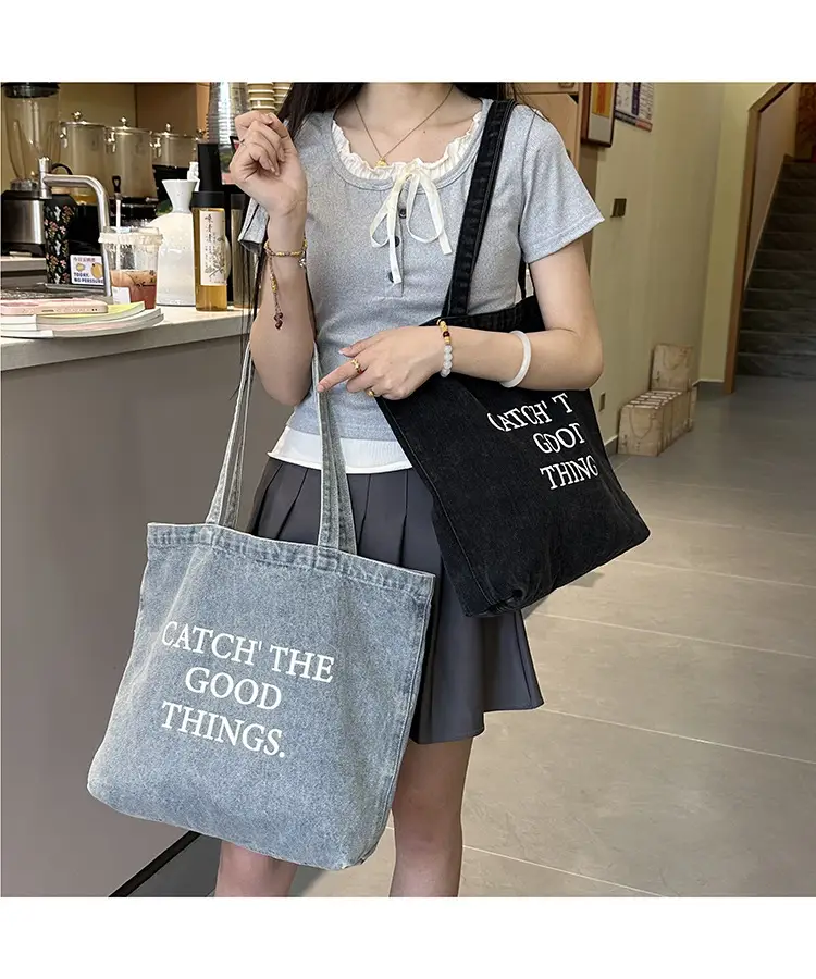Women Denim Shoulder Bag Catch Good Things Canvas Large — feature 10