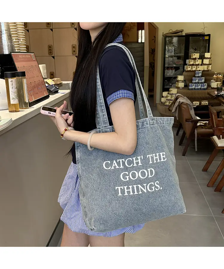 Women Denim Shoulder Bag Catch Good Things Canvas Large — feature 17