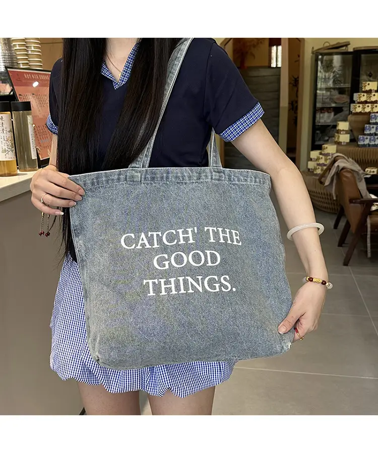 Women Denim Shoulder Bag Catch Good Things Canvas Large — feature 18