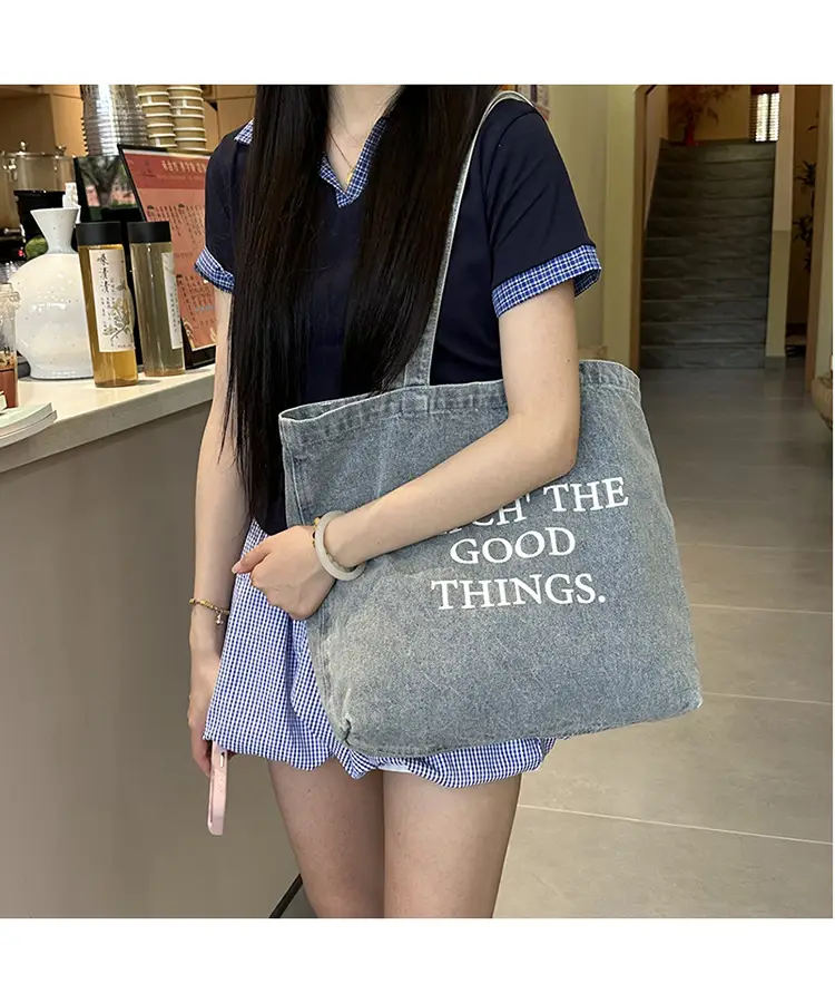 Women Denim Shoulder Bag Catch Good Things Canvas Large — feature 19
