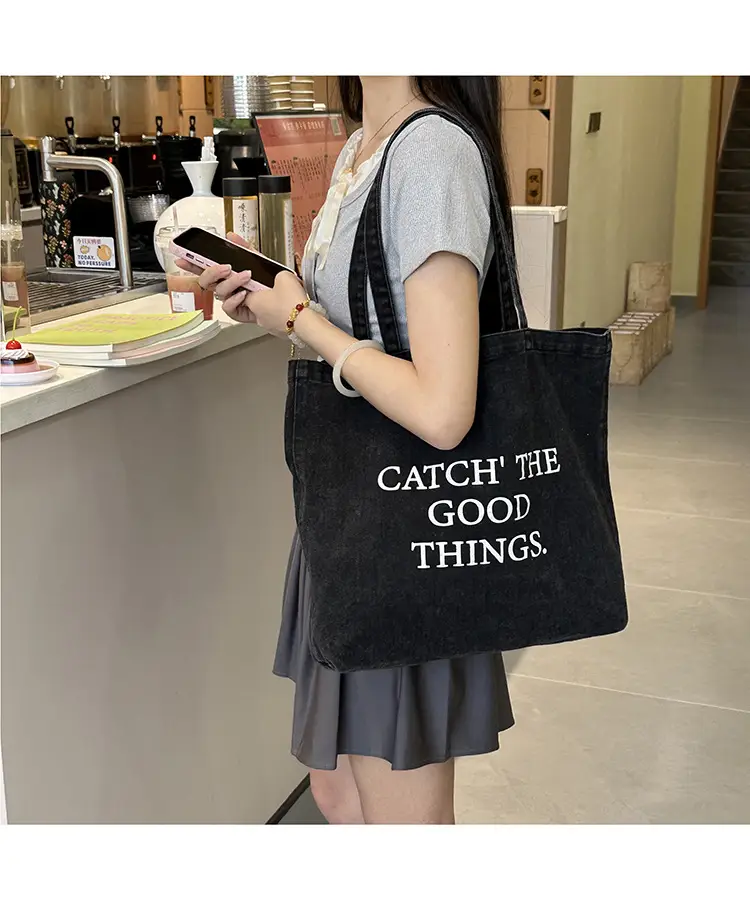 Women Denim Shoulder Bag Catch Good Things Canvas Large — feature 7