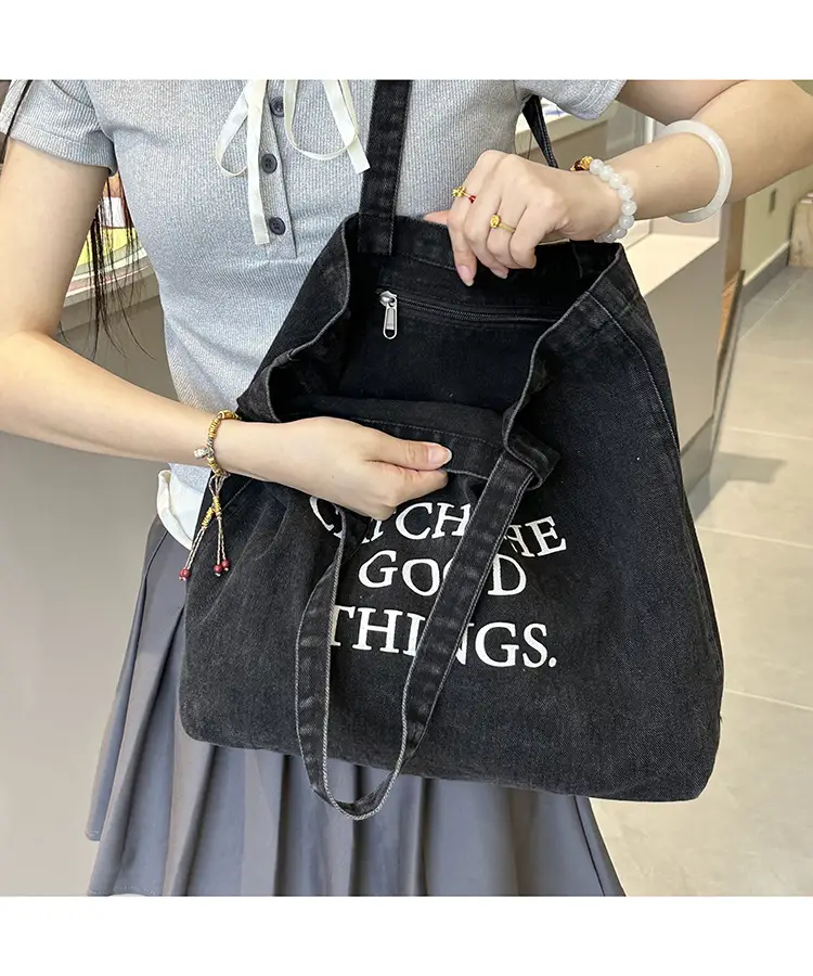 Women Denim Shoulder Bag Catch Good Things Canvas Large — feature 9