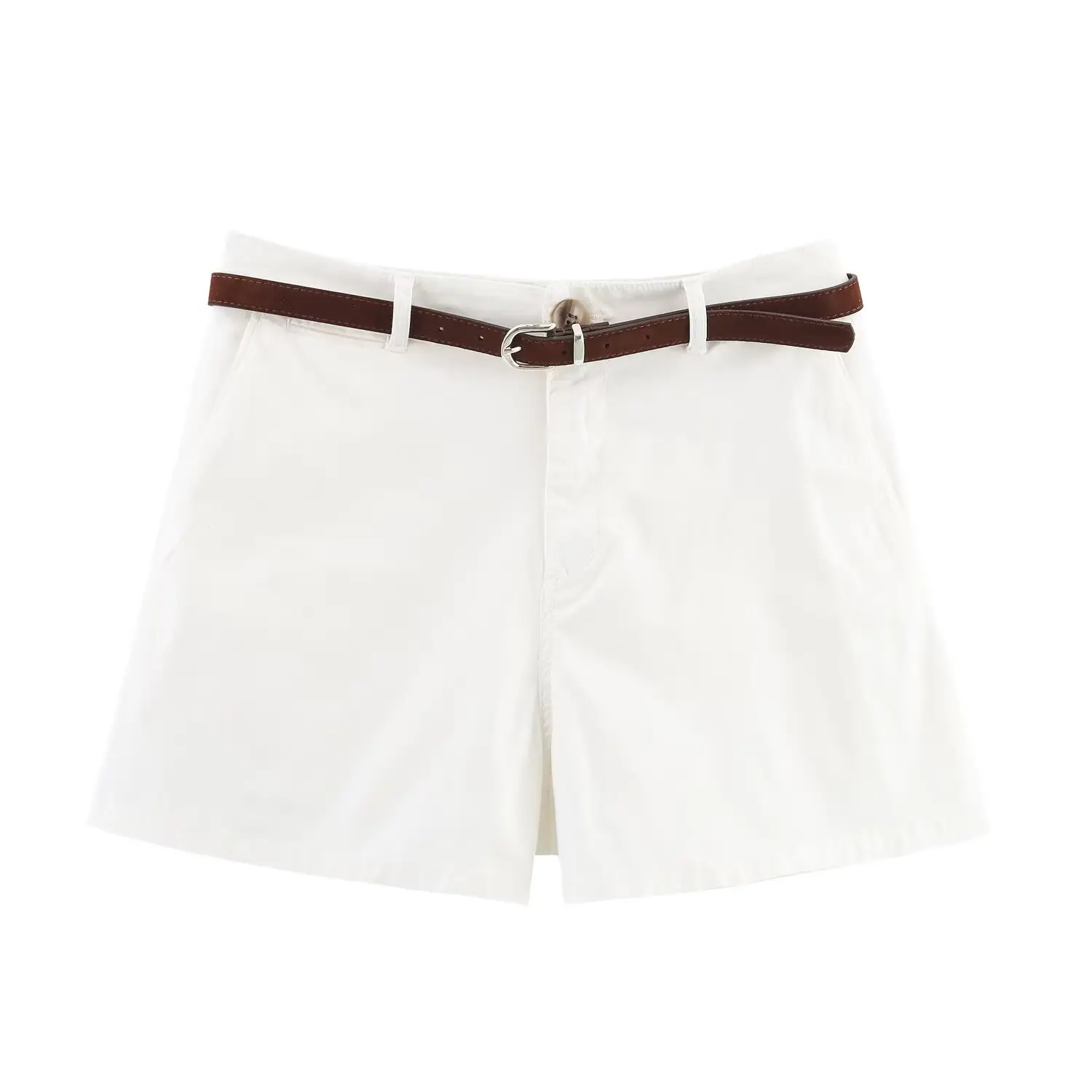 Zar Two-Color Belt Shorts White Brown Casual - Image 5
