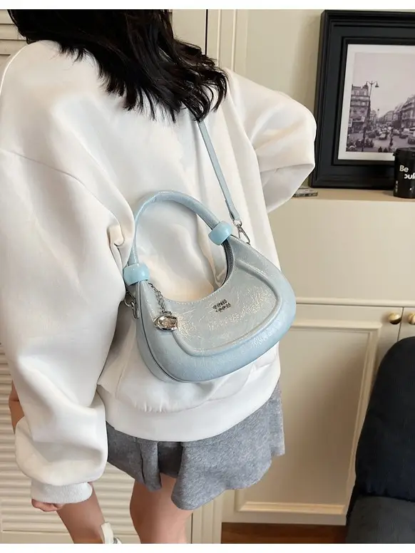 2025 Summer Retro Crescent Shoulder Bag Light Blue - Image 8