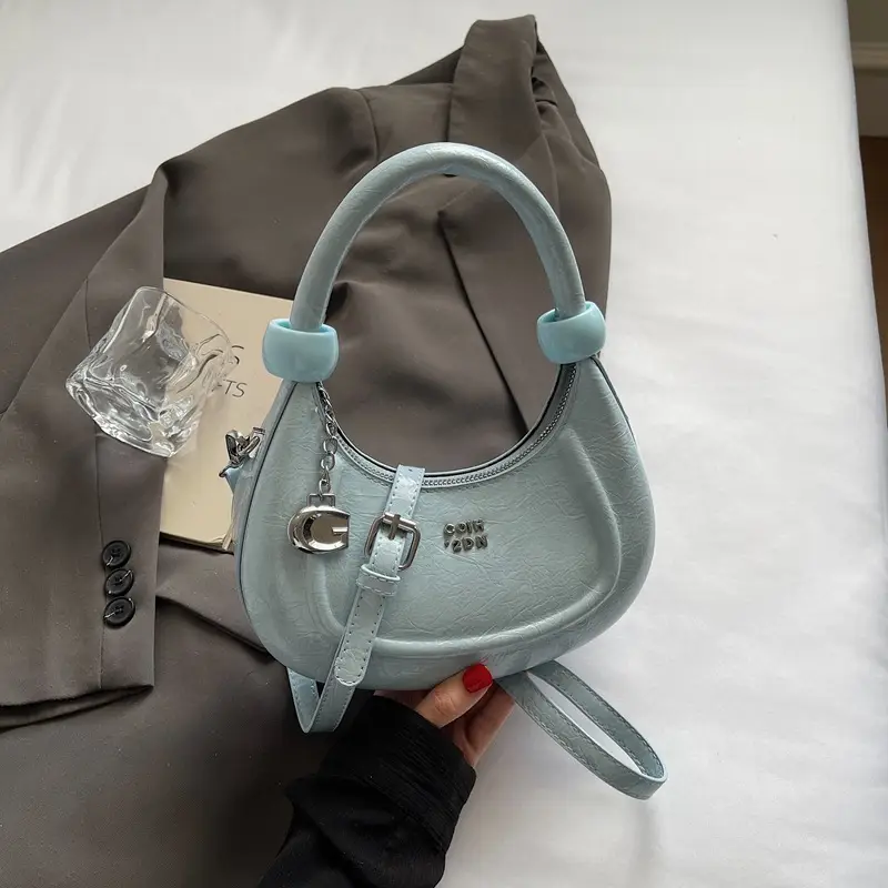 2025 Summer Retro Crescent Shoulder Bag Light Blue - Image 5
