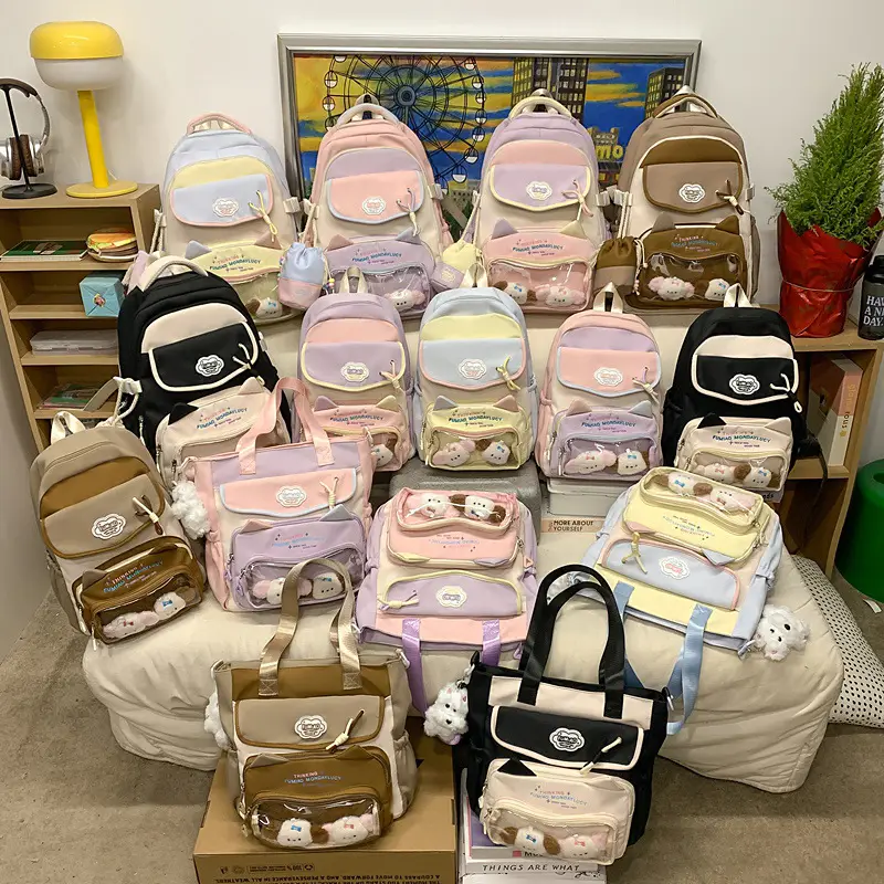 Pink Cute Student School Backpack Set with Crossbody Bag - Image 9