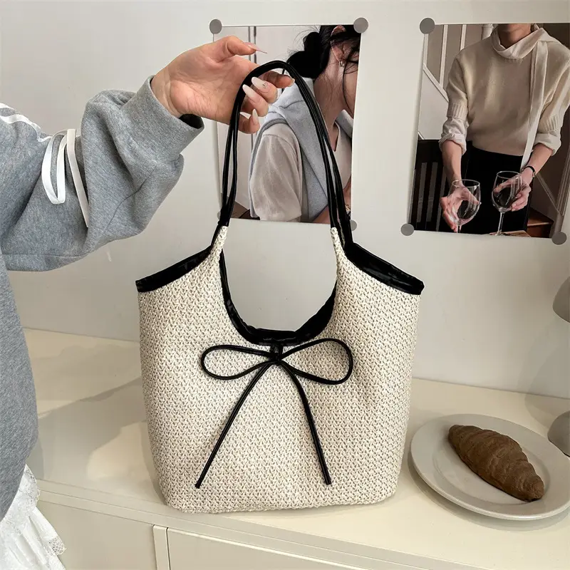 Women's Straw Shoulder Bag with Brown Leather Trim - Image 4