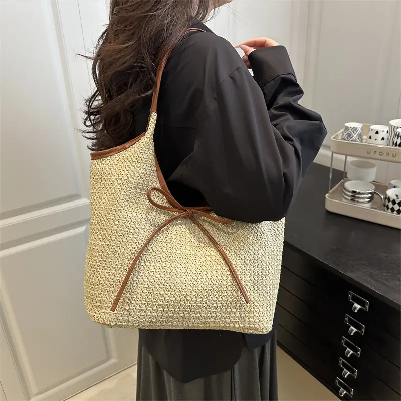 Women's Straw Shoulder Bag with Brown Leather Trim - Image 5