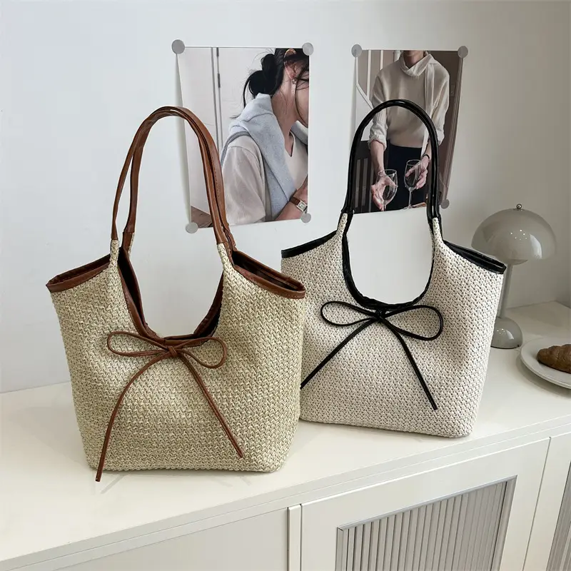 Women's Straw Shoulder Bag with Brown Leather Trim - Image 6