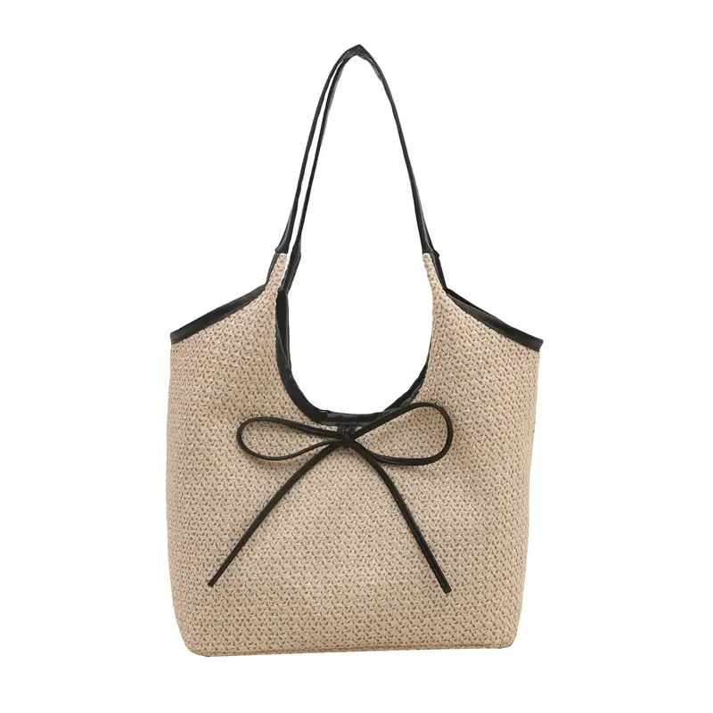 Women's Straw Shoulder Bag with Brown Leather Trim - Image 7