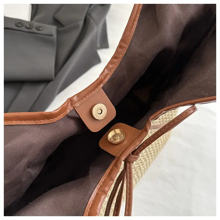 Women's Straw Shoulder Bag with Brown Leather Trim — feature 11