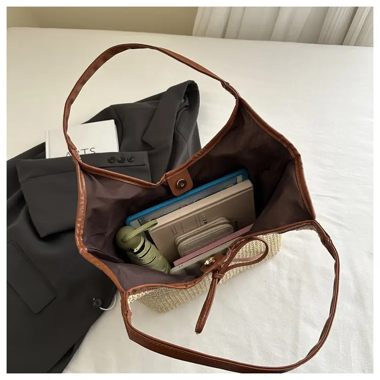 Women's Straw Shoulder Bag with Brown Leather Trim — feature 12