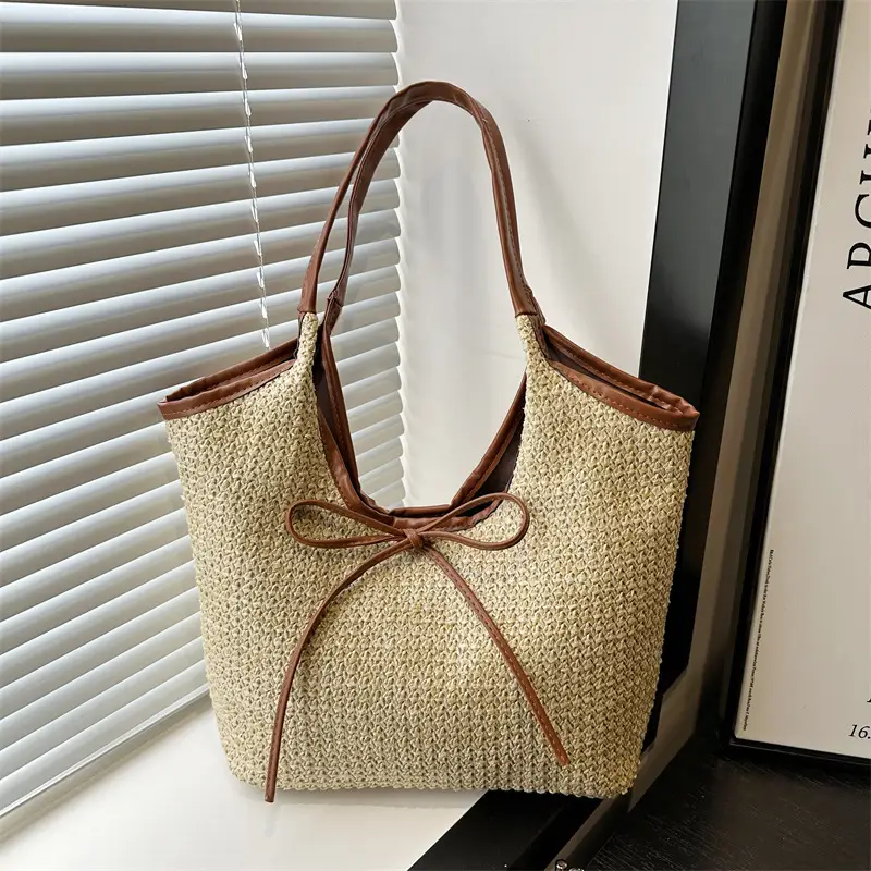 Women's Straw Shoulder Bag with Brown Leather Trim — feature 13