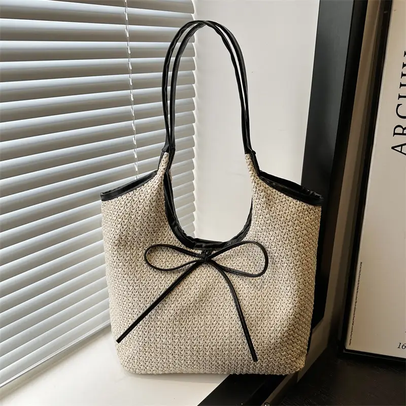 Women's Straw Shoulder Bag with Brown Leather Trim — feature 14