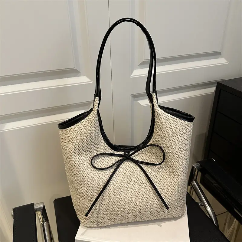 Women's Straw Shoulder Bag with Brown Leather Trim — feature 15