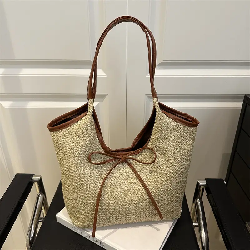 Women's Straw Shoulder Bag with Brown Leather Trim — feature 16