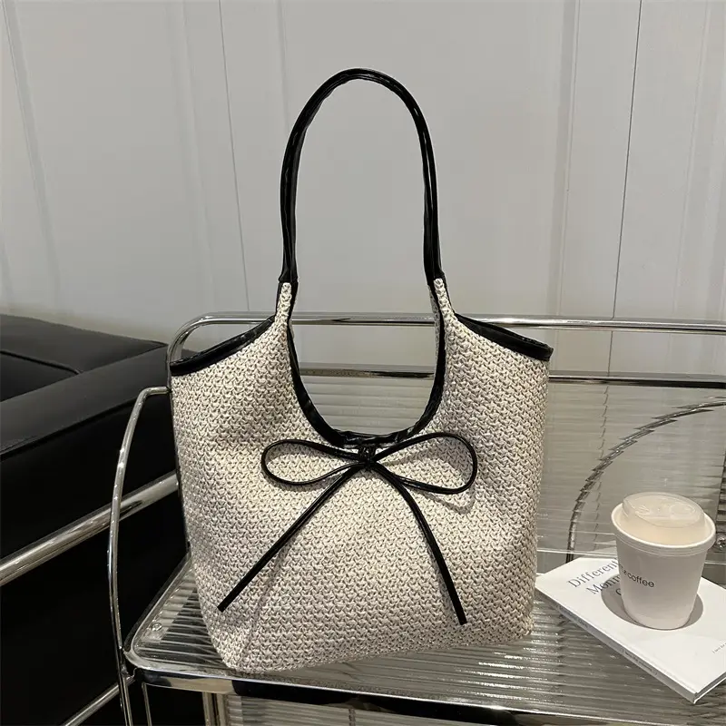 Women's Straw Shoulder Bag with Brown Leather Trim — feature 17