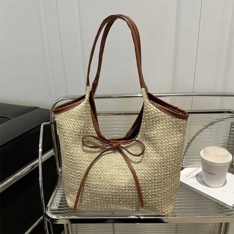 Women's Straw Shoulder Bag with Brown Leather Trim — feature 18