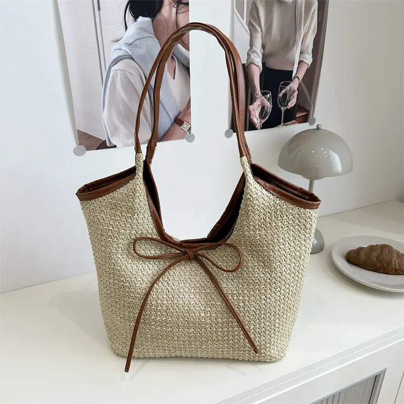 Women's Straw Shoulder Bag with Brown Leather Trim — feature 19