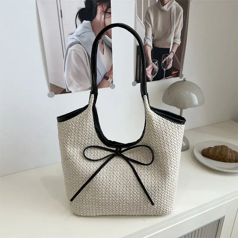 Women's Straw Shoulder Bag with Brown Leather Trim — feature 20