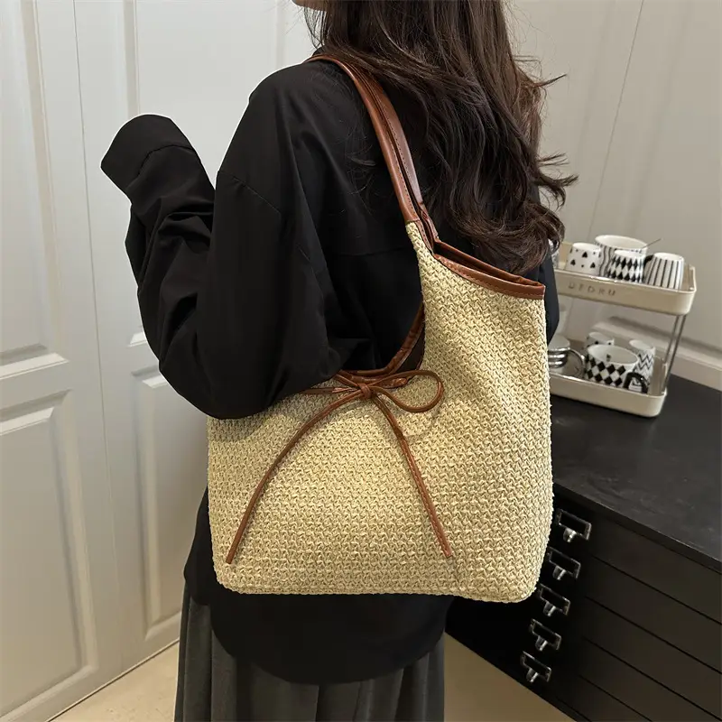 Women's Straw Shoulder Bag with Brown Leather Trim — feature 21