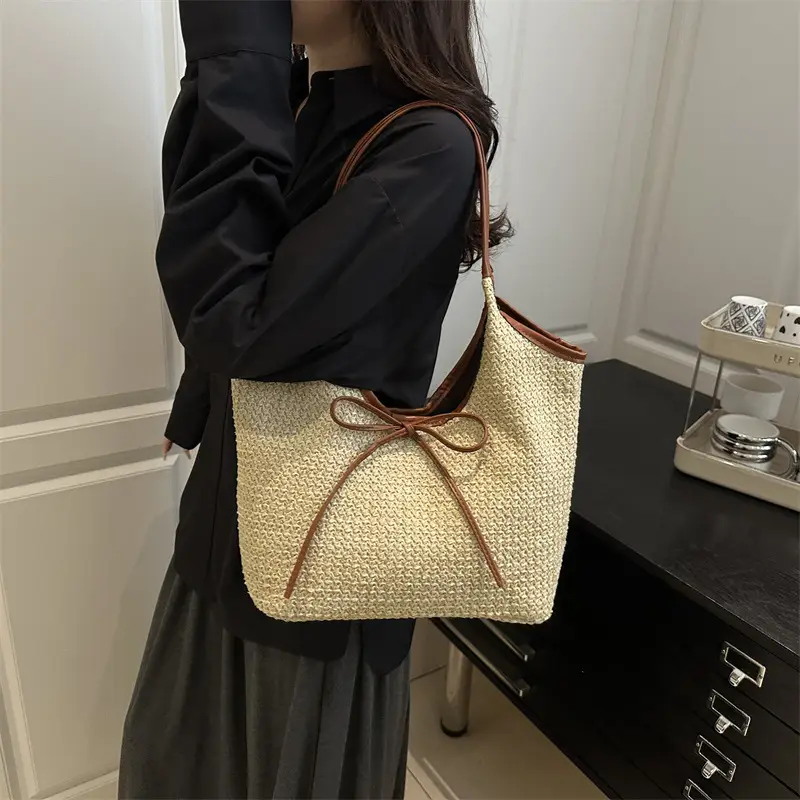 Women's Straw Shoulder Bag with Brown Leather Trim — feature 22