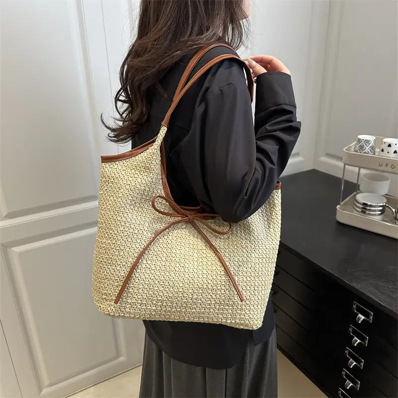 Women's Straw Shoulder Bag with Brown Leather Trim — feature 23