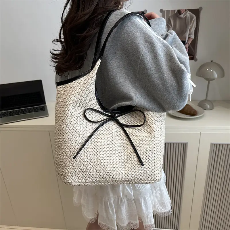 Women's Straw Shoulder Bag with Brown Leather Trim — feature 24