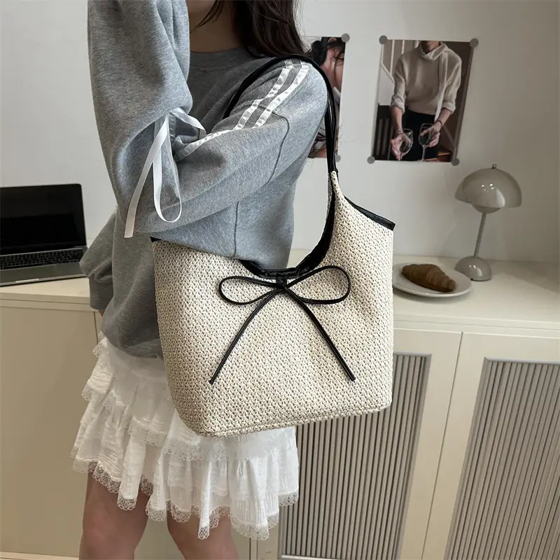 Women's Straw Shoulder Bag with Brown Leather Trim — feature 25