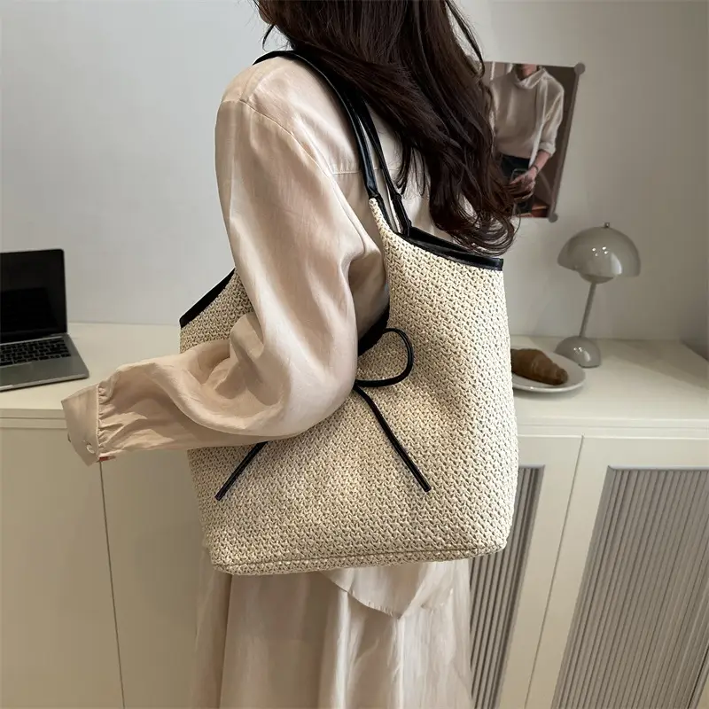 Women's Straw Shoulder Bag with Brown Leather Trim — feature 26